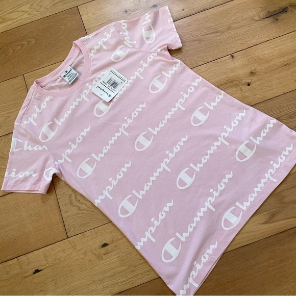 Champion Allover Print T-Shirt - Women’s Small - Spellout Logo Pink Summer BNWT - Picture 3 of 14